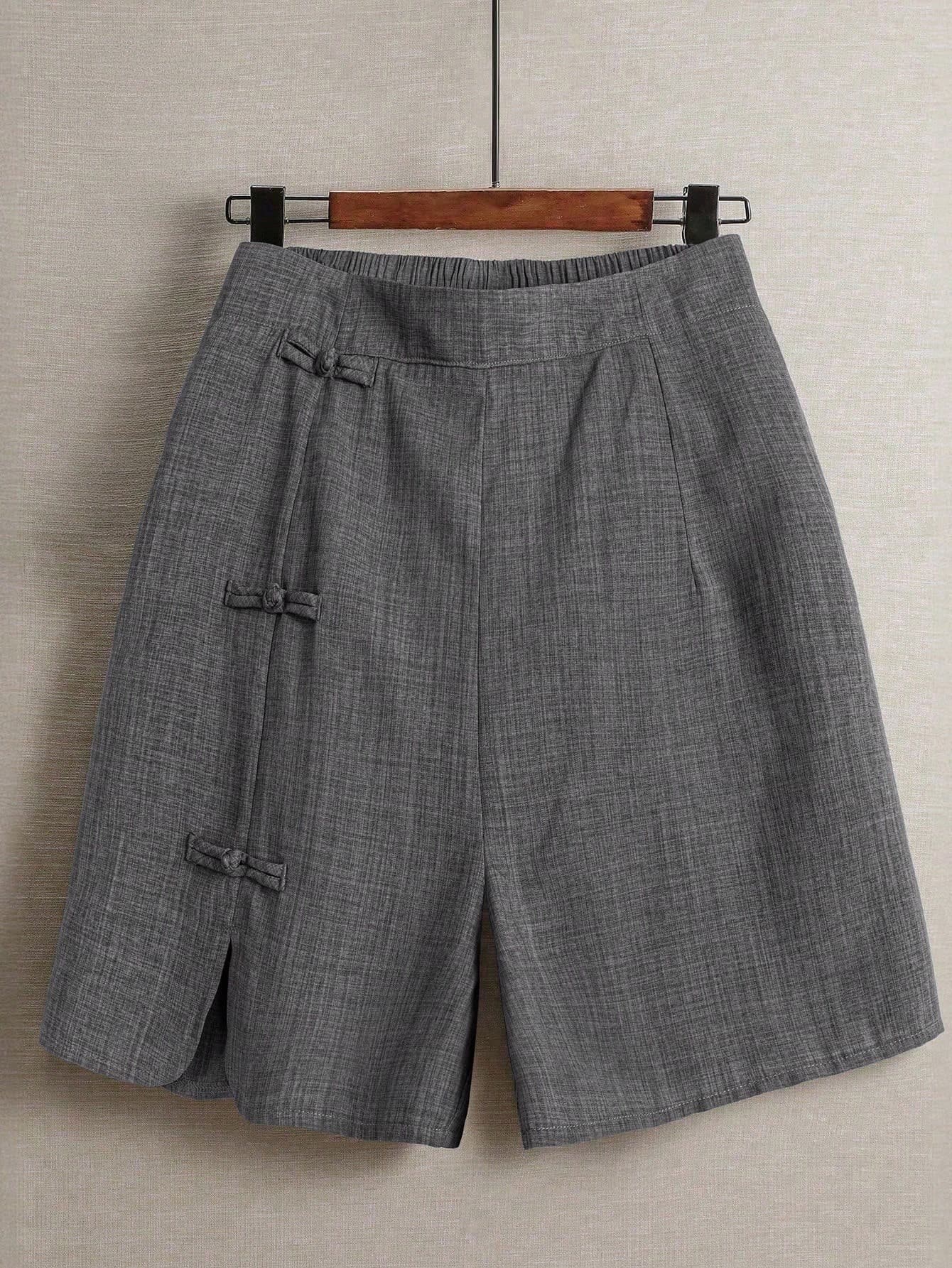 Linhara Plus Size Women's Summer Linen Casual, Commute Daily Outing Elastic Waist Round Hem Slit Design Chinese Knot Decor Button Shorts