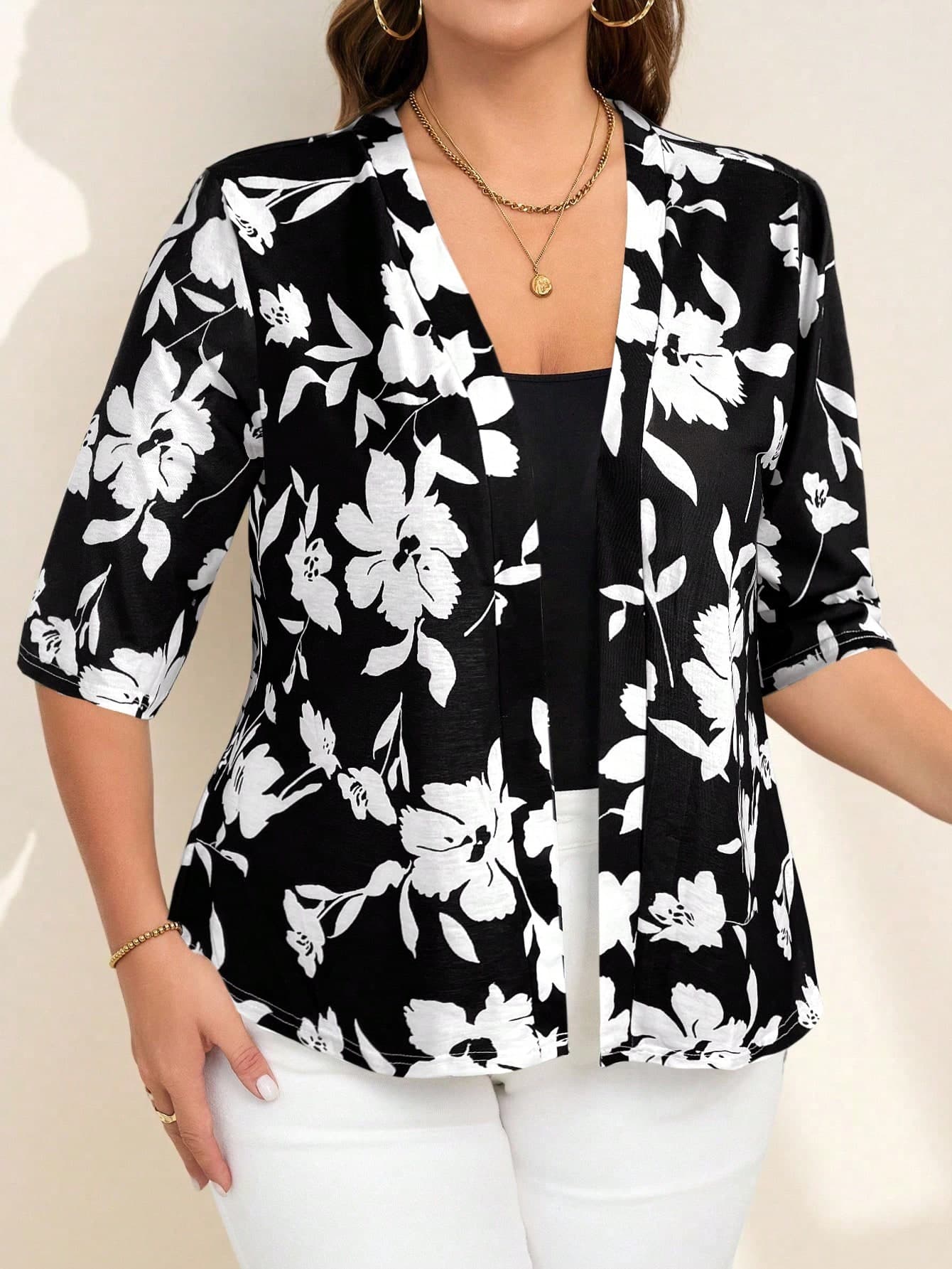 Chikora Plus Size Elegant Black & White Print Front-Open Jacket, Suitable For Teachers In Autumn,Business Casual Woman,Fall Clothes For Women Winter