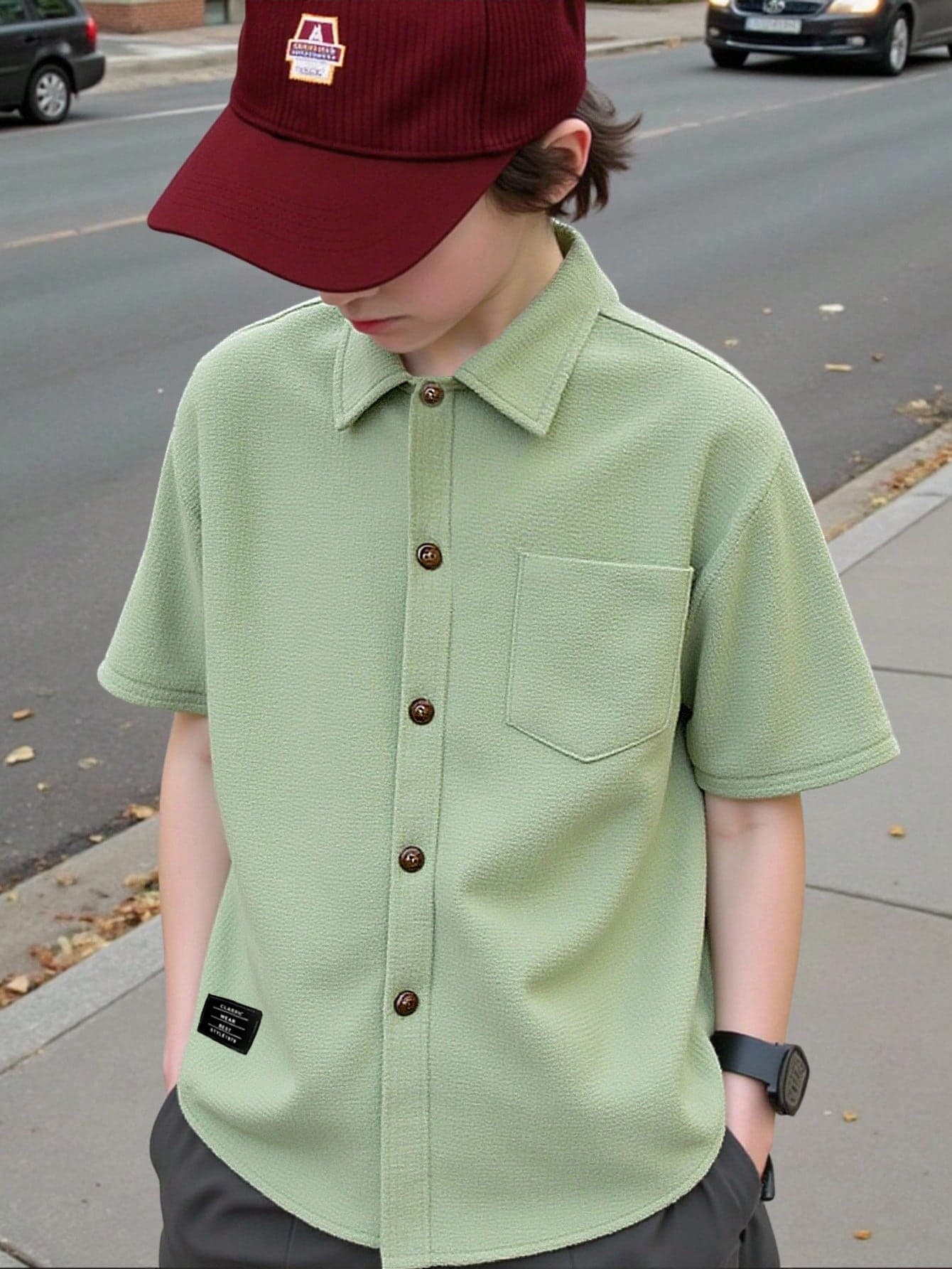 SHEIN Tween Boy Letter Patched Detail Pocket Front Shirt