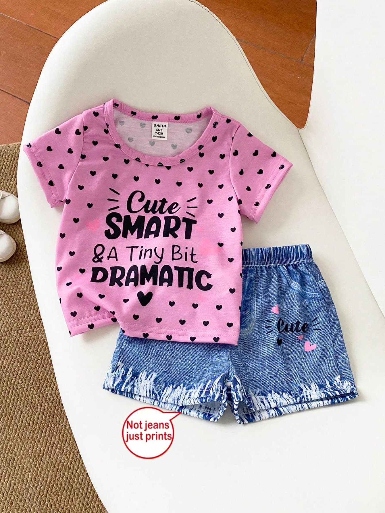 SHEIN Playful Pals 2pcs/Set Baby Girls' Casual Cute Letter & Polka Dot Pattern Round Neck Short Sleeve T-Shirt And Shorts Set, Summer