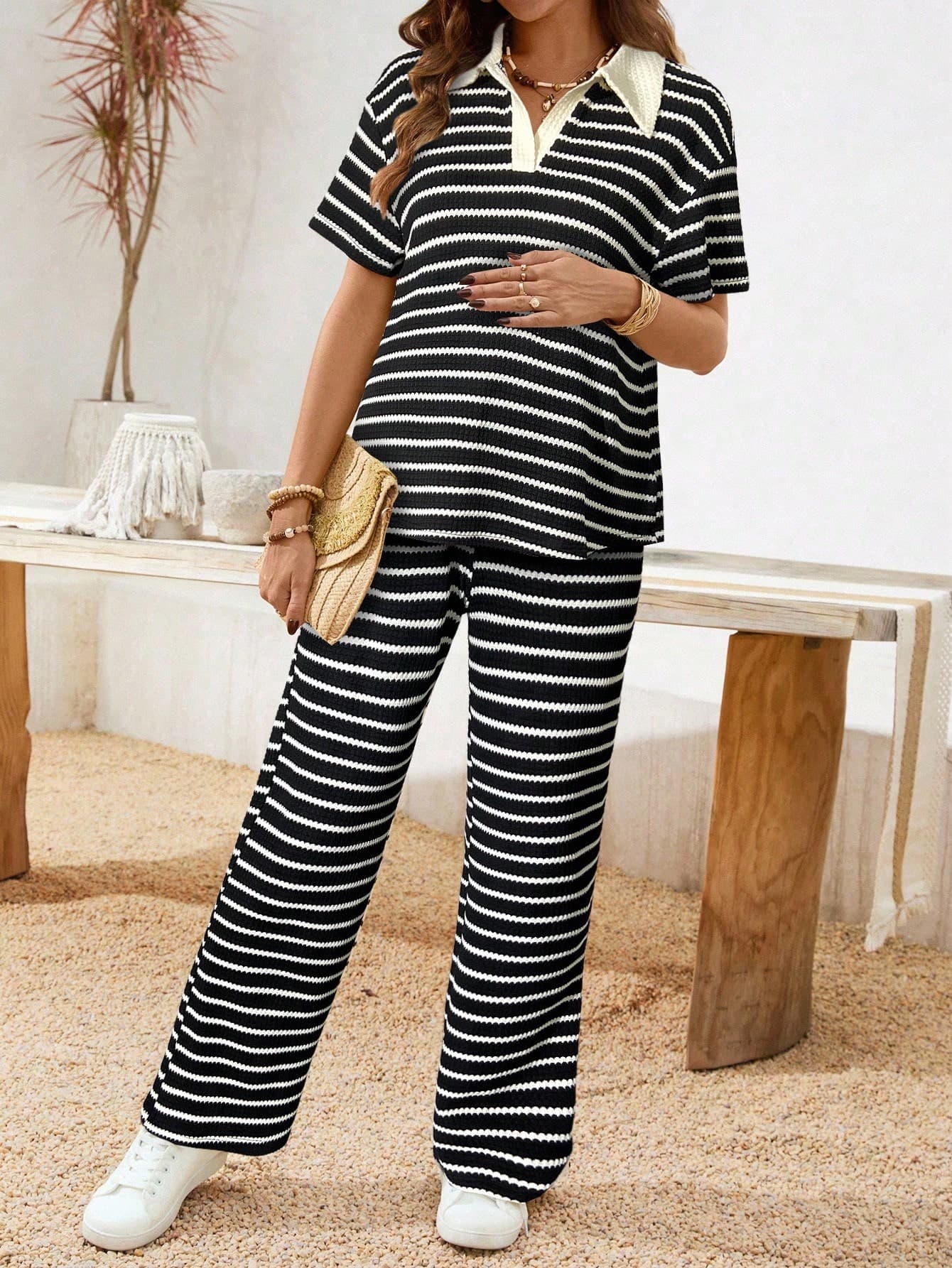 SHEIN 2pcs Maternity Casual Striped Short Sleeve Top And Pants Set Two Piece Sets Clothes Suits Comfortable