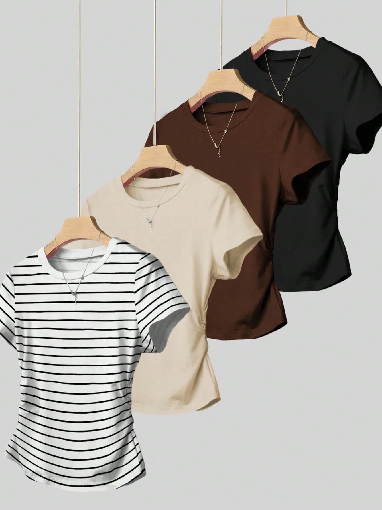 Women's Round Neck Short Sleeve Pleated Casual Versatile T-Shirt
