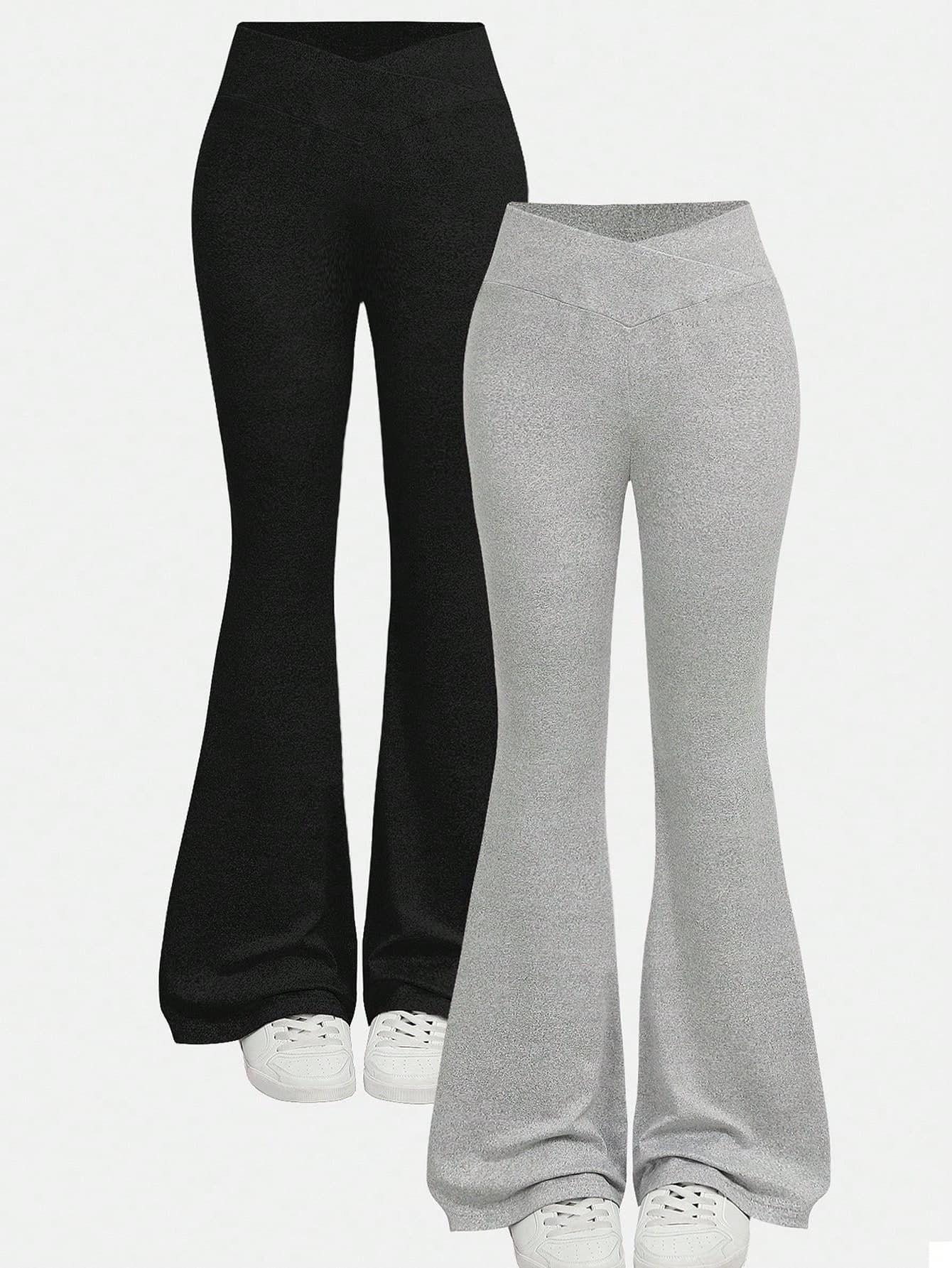 Girlism Teen Girl 2pcs Basic Skinny Casual Flare Pants,Criss-Cross Waistband Mid-Calf Black&Gray Pants,Winter,Back-To-School,Fall,Halloween,Glowmode,Holiday