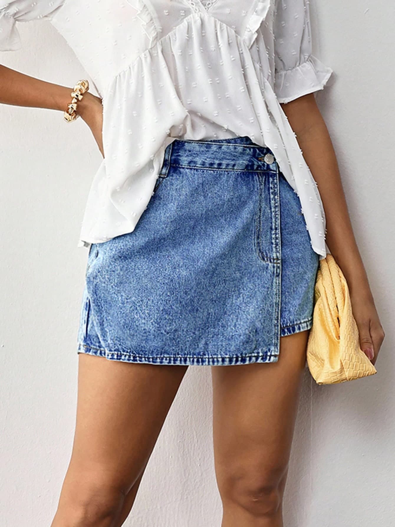 EMERY ROSE Asymmetrical Hemline Women's Casual Denim Mini Skirt With Pockets
