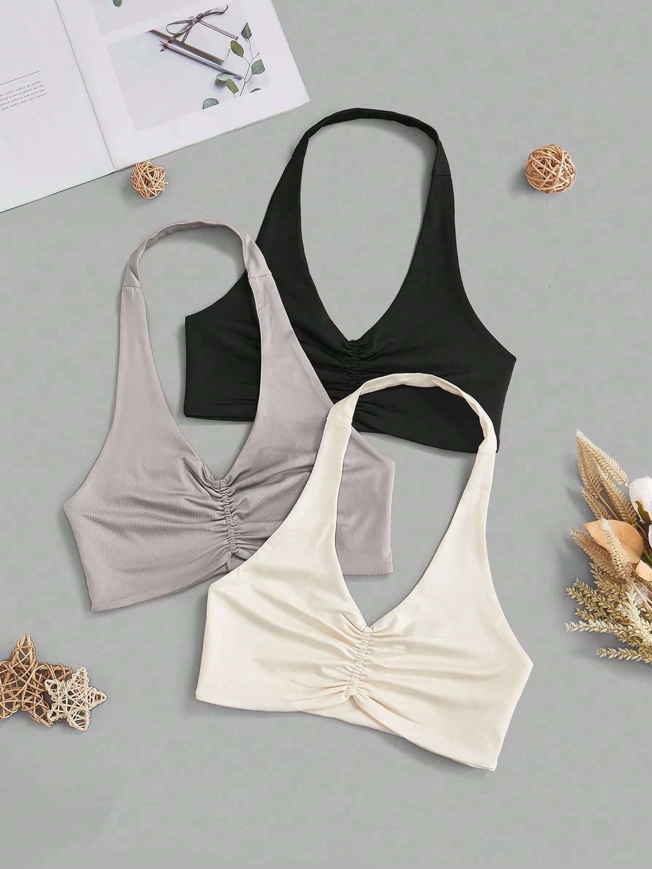 Velisys Velisys 3pcs/Set Matching Ruched Tight Fitness Camisole Set,Black Summer Athleisure Gym Halter Twist V Neck Sports Bra Yoga Workout Top With Bra