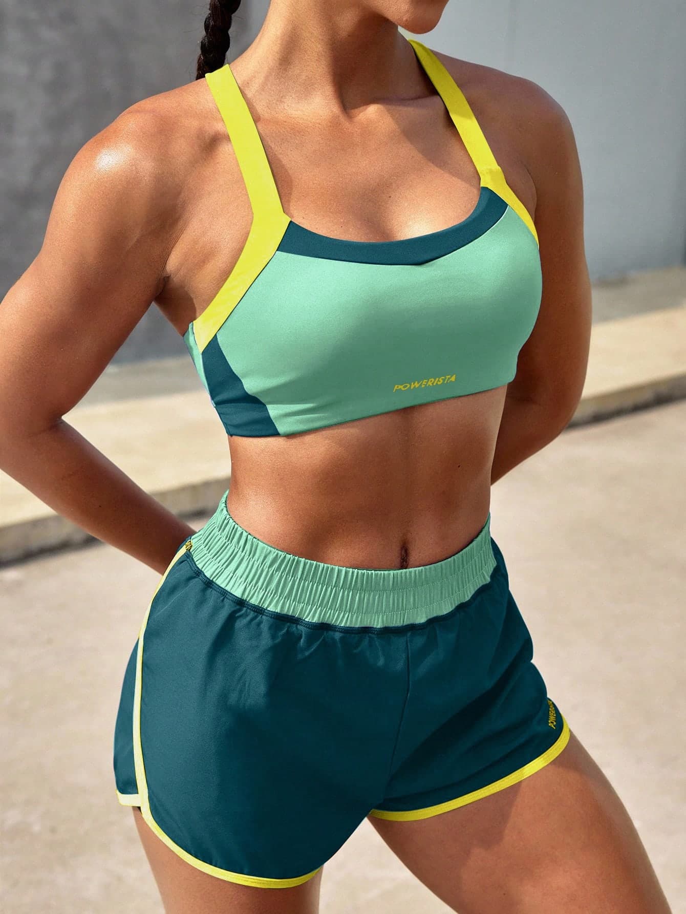 Powerista Green Colorblock Yellow Wide Shoulder Straps Sports Bra And Women's Gym Shorts Set For Running & HIIT Workout Women Summer Gym Sets