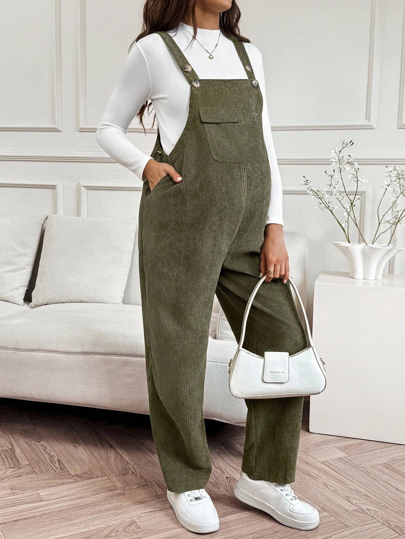 SHEIN Maternity Women's Corduroy Overalls,Sage Green,Autumn,Elegant,Smart Casual Wide Leg Overalls With Pocket,Solid Color Plus Size Casual Fall Clothes