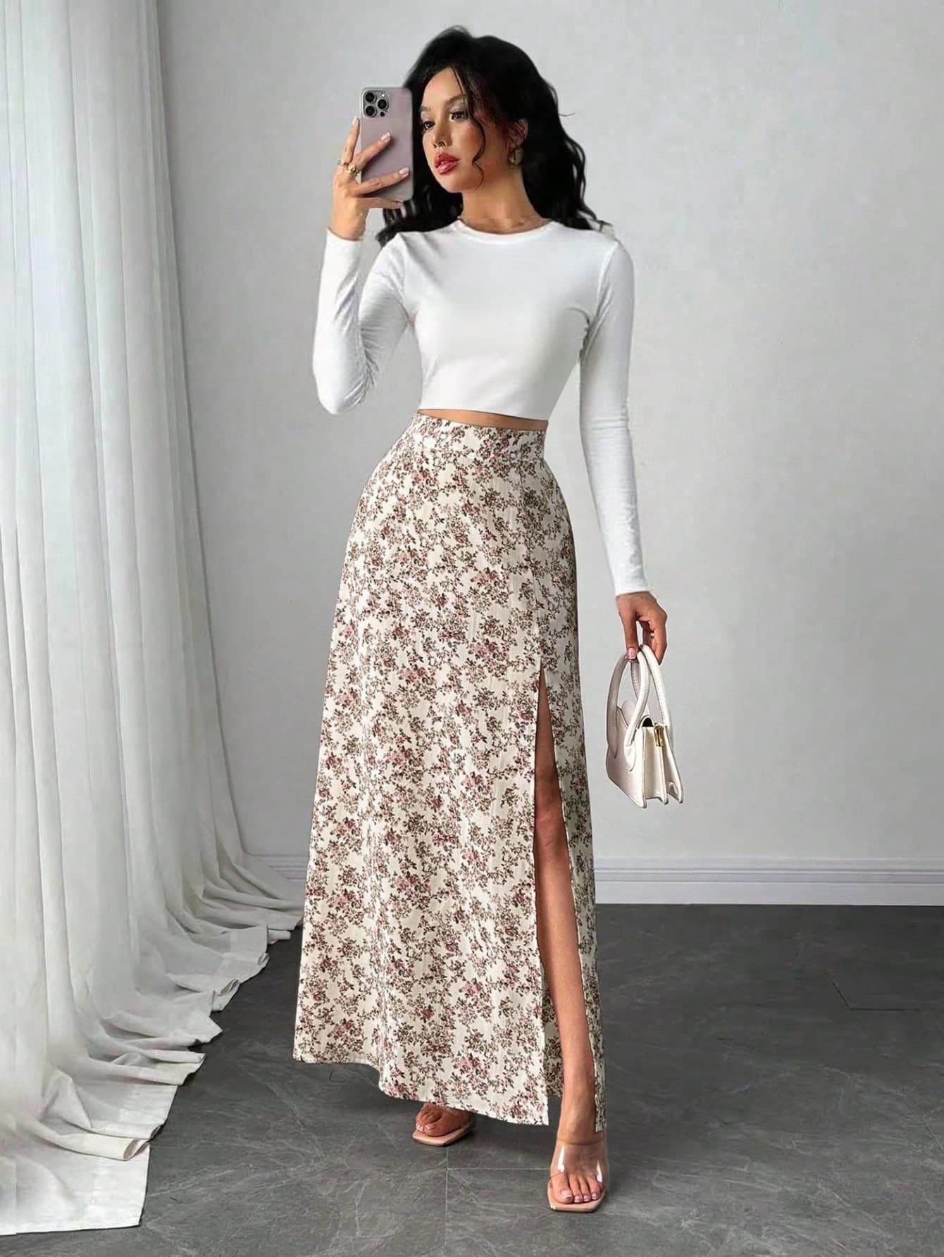 Rafferiza Petite Women Ditsy Floral High Slit Sexy & Elegant Skirt ,Petite Women