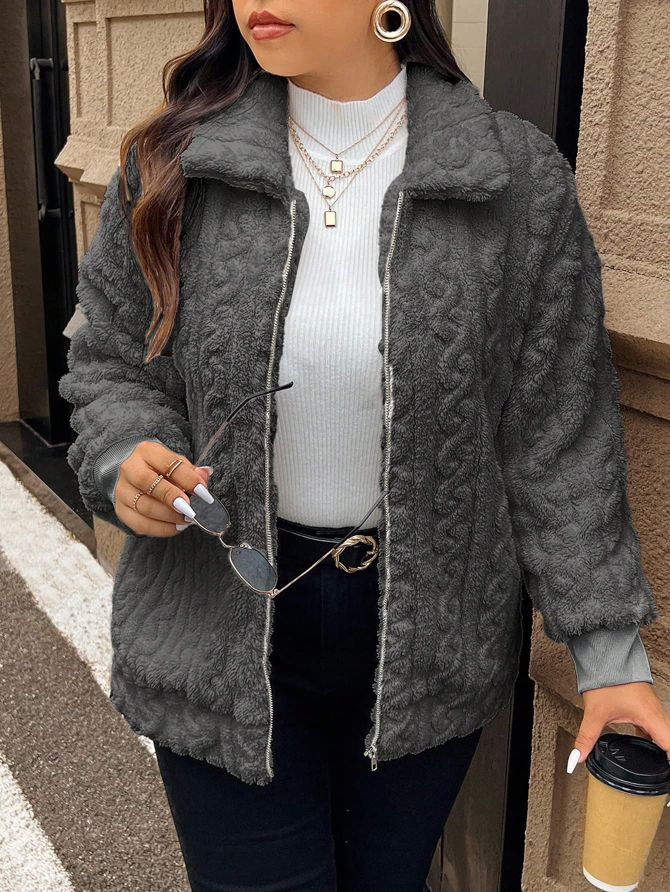 SHEIN Frenchy Plus Size Women's Casual Simple Fluffy Long Sleeve Jacket,Winter Clothes