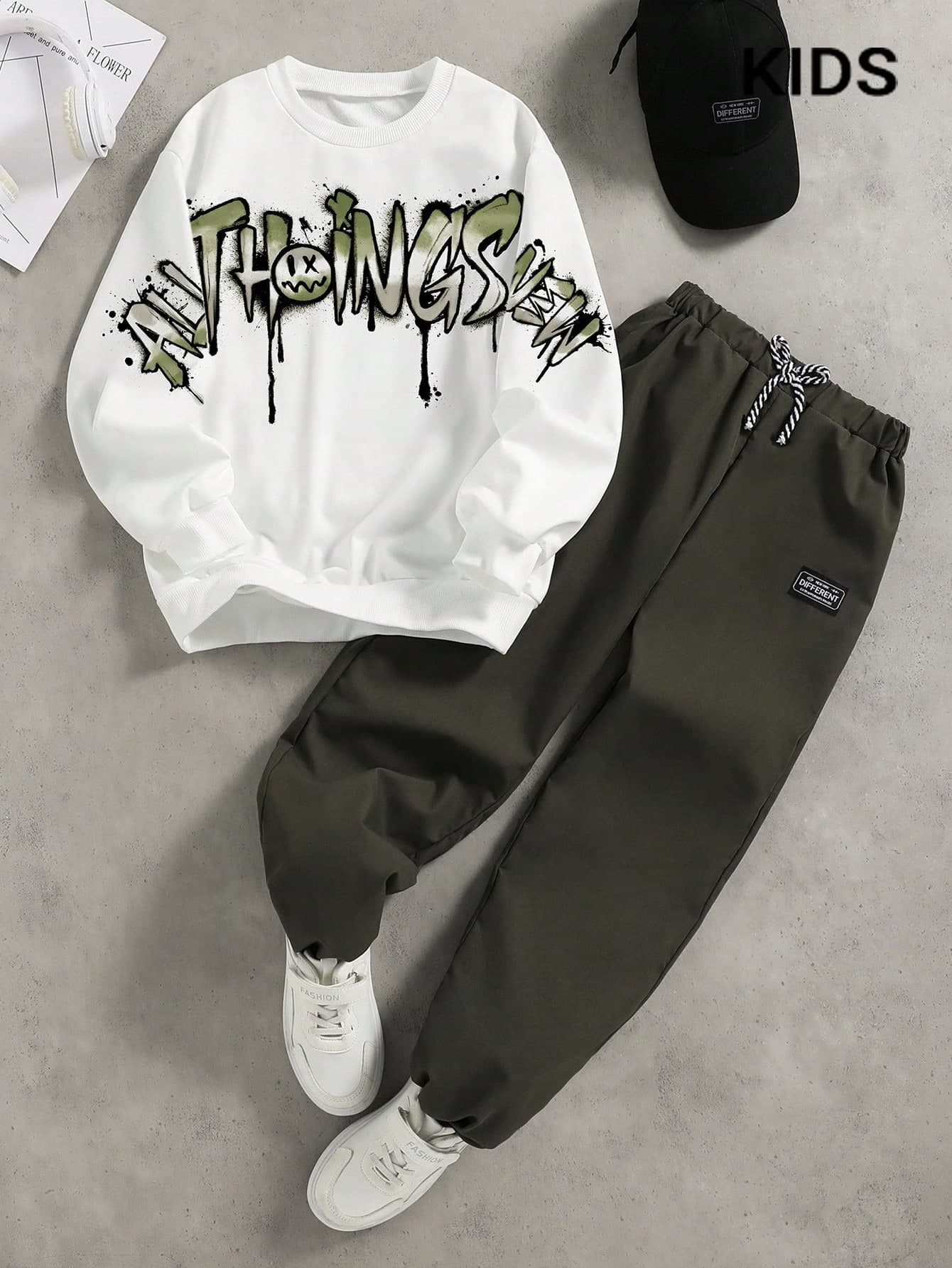 PAVTROS 2pcs/Set Tween Boys White Hoodie & Olive Green Pants,Green Print Soft Fabric Casual Wear For School Autumn Streetwear Back-To-School Spring Outing
