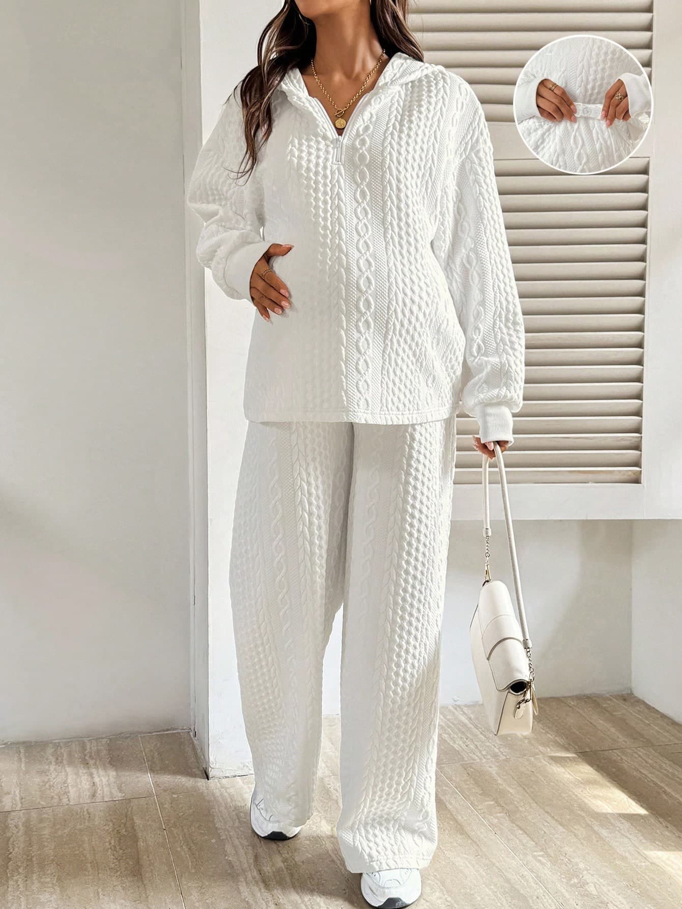SHEIN 2pcs Maternity White Textured Drop Shoulder Zip-Up Hoodie And Pants Set,Autumn Smart Casual Everyday Knit Lounge Outfit,Comfortable Coords For Women