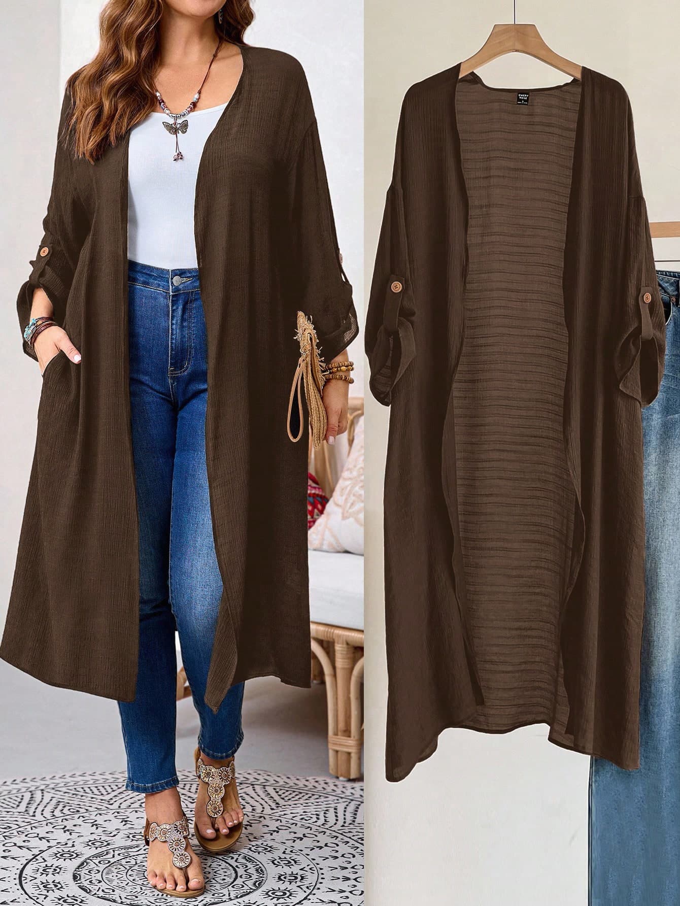 EMERY ROSE Plus Size Women's Fashion Casual Cuffed Sleeve Open Front Long Cardigan,Fall Clothes For Women Winter Autumn
