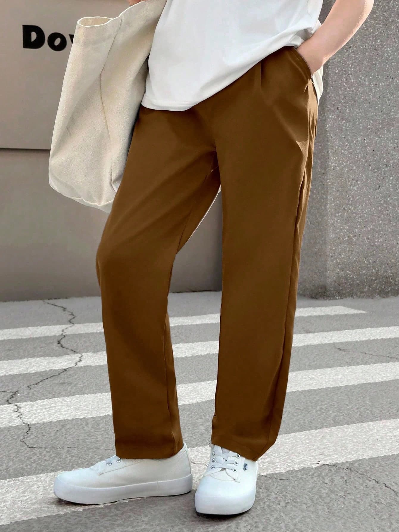 SHEIN Tween Boy Solid Color Pleated Casual Tapered Pants, Suitable For School Or Party Occasions Fall Winter