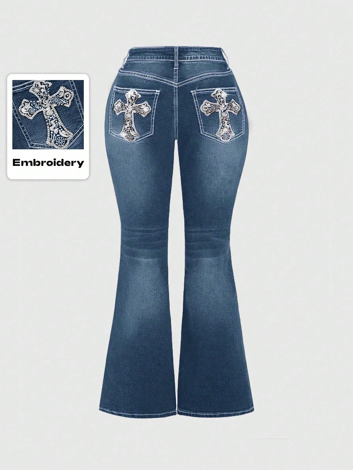 ROMWE Grunge Punk Spring/Summer Carnival Party Casual Camo Black Plus Size Casual Washed Cross Embroidery Flare Jeans