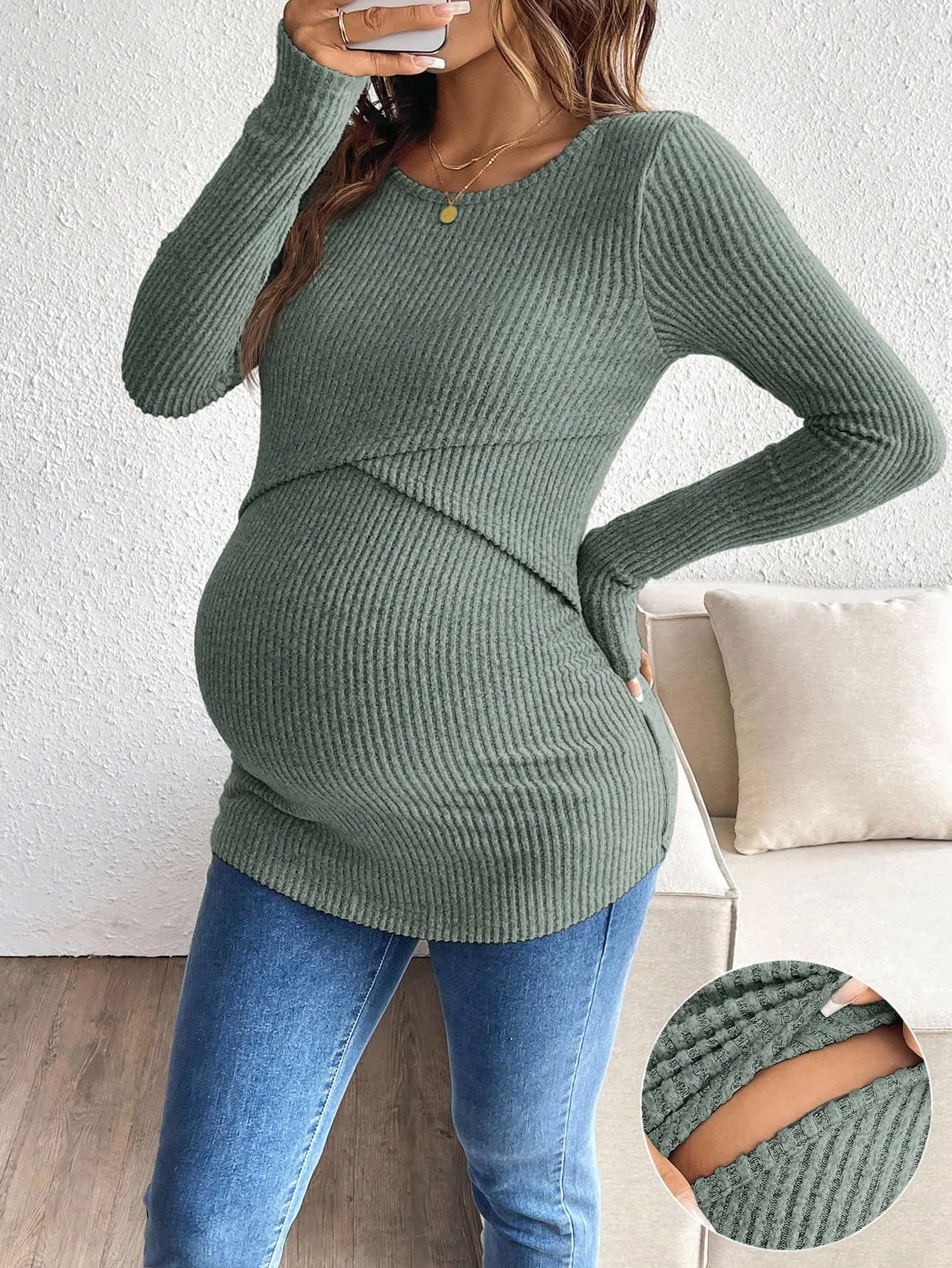 SHEIN Maternity Solid Color Round Neck Long Sleeve Ribbed Nursing Top Pregnancy Top Fall