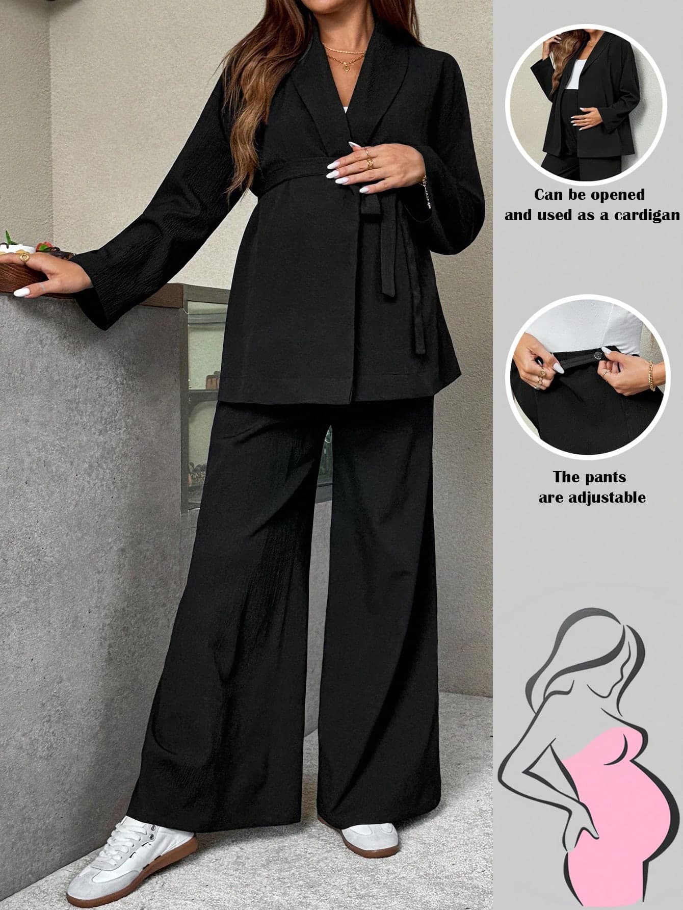 SHEIN 2pcs Maternity Set: Solid Color Shawl Collar Long Sleeve Jacket & Adjustable Waist Wide Leg Pants,Elegant Casual Winter Black And White Photoshoot