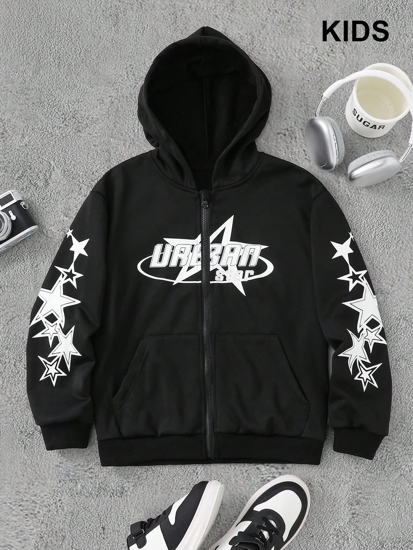 PAVTROS Star Print Streetwear Tween Boy Hooded Zip Up Jacket Chic For Autumn/Winter