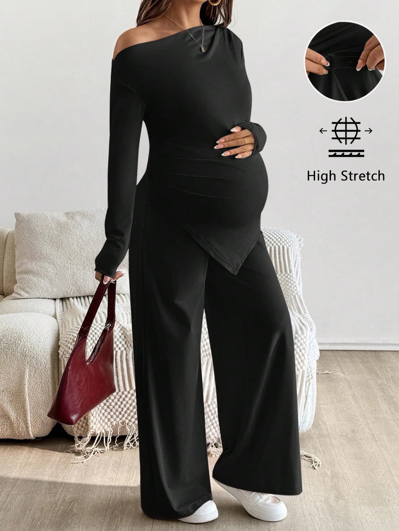 SHEIN 2pcs Maternity Casual Solid Asymmetric Top And Pants Set Pregnant Two Piece Black Clothes Outfit Pregnancy Outfits Fall