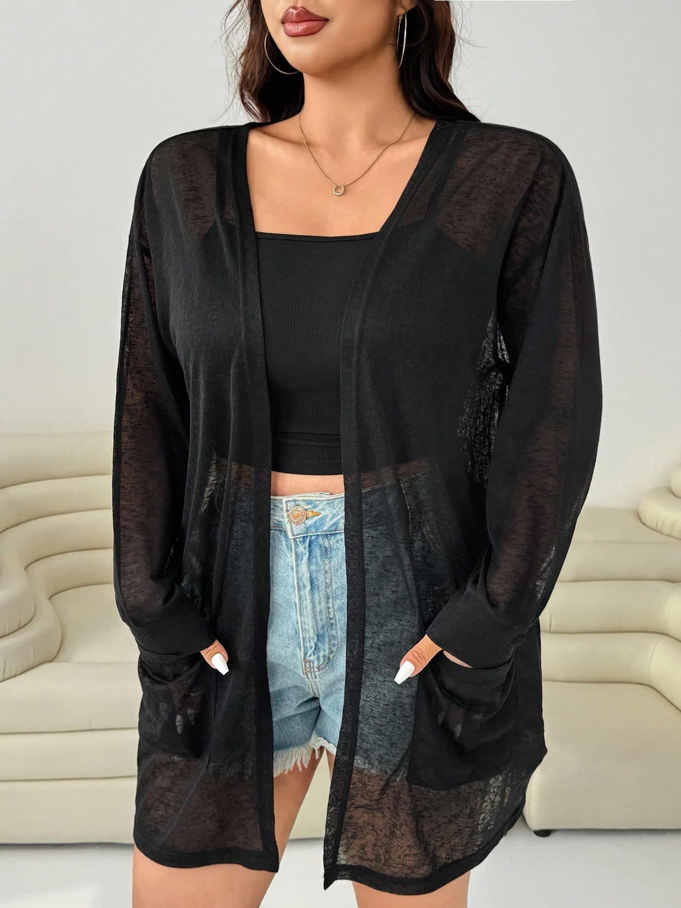 Solflare Plus Size Solid Color Sheer Casual Long Sleeve Lightweight Cardigan,Fall Clothes For Women Sheer Cardigan Black Sheer Cardigan