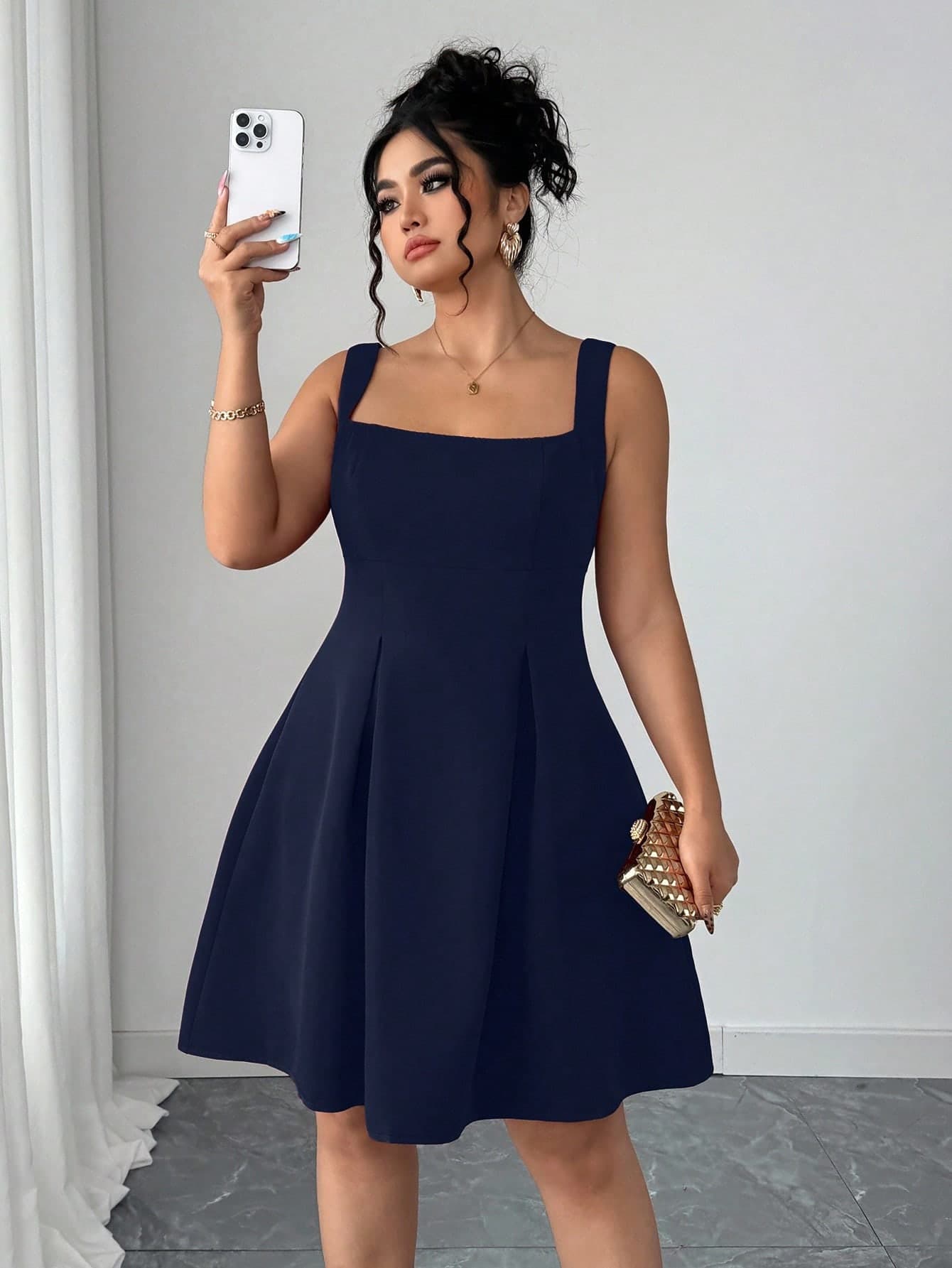 Elenzga Plus Size Women's Elegant Navy Blue Square Neck Sleeveless A-Line Dress,Solid Color Waist Fit Short Cocktail Dress For Autumn Curve
