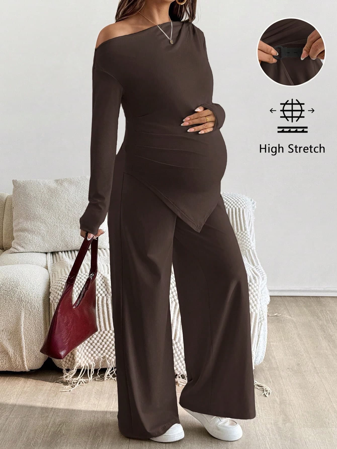 SHEIN 2pcs Maternity Casual Solid Asymmetric Top And Pants Set Pregnant Outfits Brown Two Piece Outfit Sets Pregnancy Clothes Suits Fall