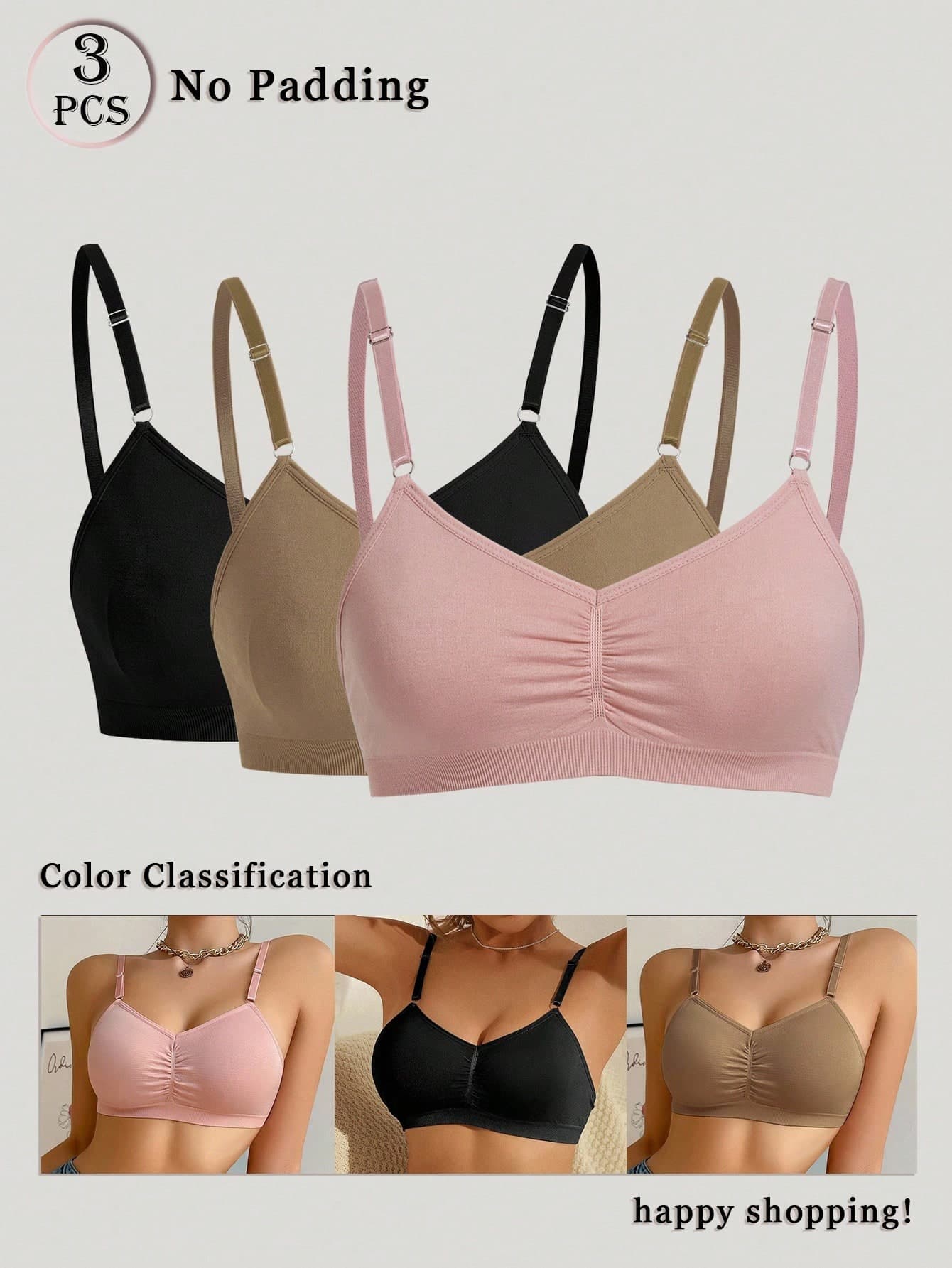 Women Casual Comfy Plain Ruched Bust Fabric Bralettes 3 Packs Non Padded Medium Stretch Bras