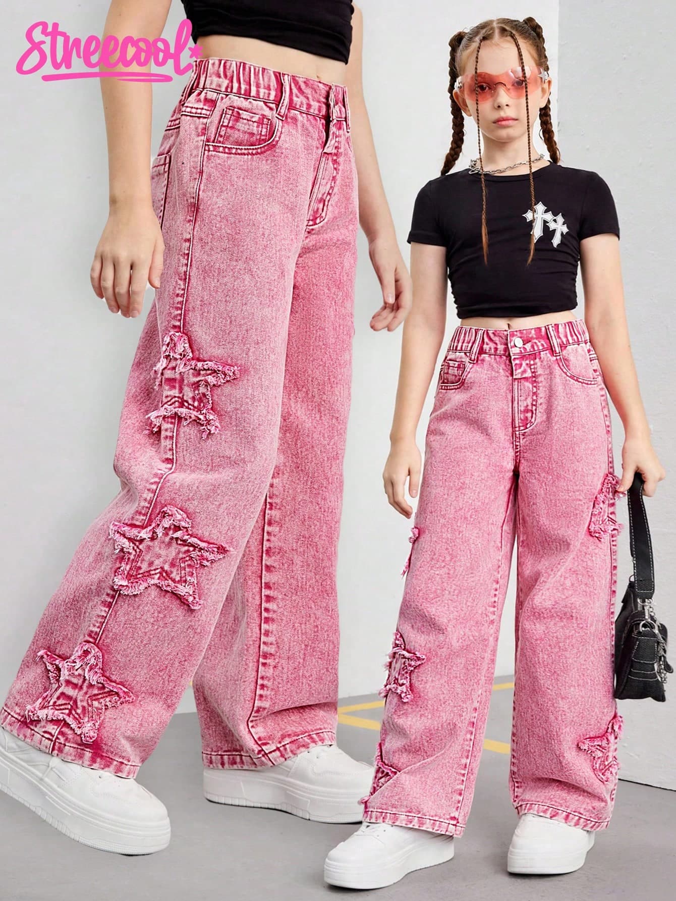 SHEIN Explorewe Tween Girls Y2K Style Star Embroidered Flare Leg Denim Jeans, Fashionable Streetwear Casual Chic Must-Have Versatile Item For Girls Summer Holiday