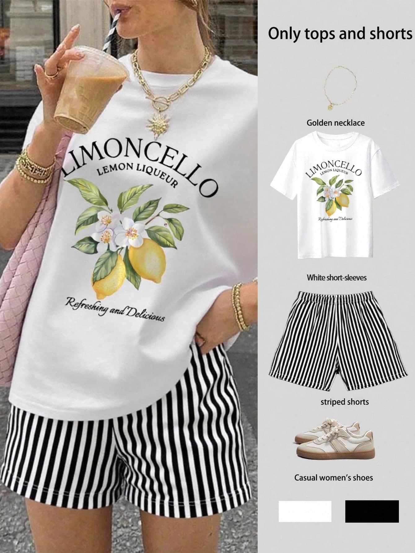 SHEIN Women's Summer Letter & Lemon Print Round Neck Short Sleeve T-Shirt And Striped Shorts Casual 2 Pieces Set