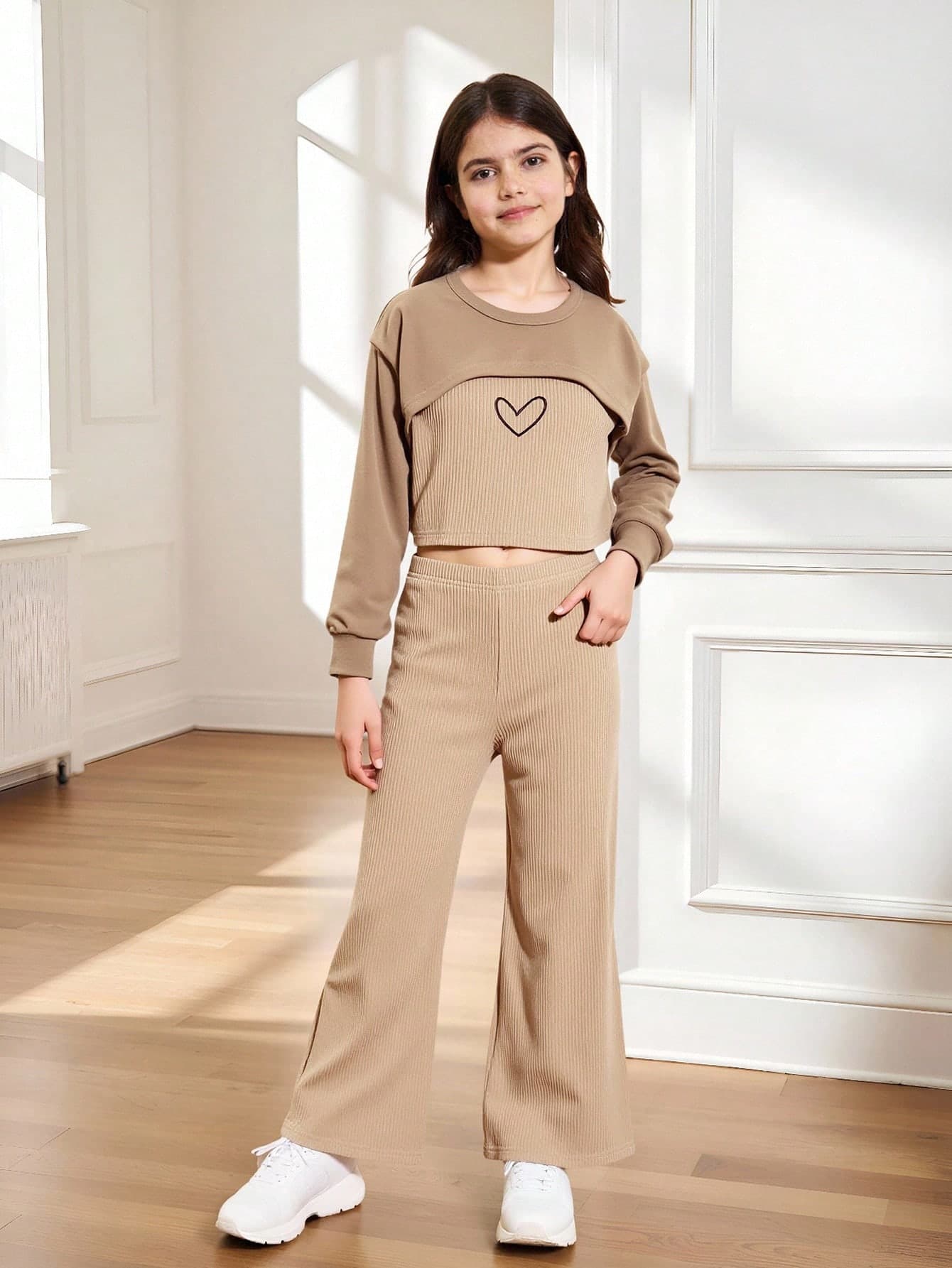 Tween Girl Heart Print Cami Top & High Low Hem Top & Wide Leg Pants Set