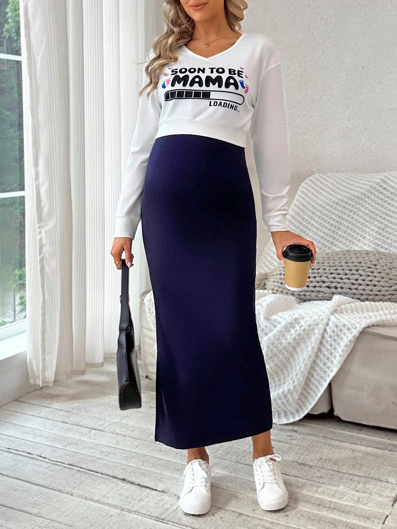 SHEIN Maternity V-Neck Long Sleeve Printed T-Shirt And Long Side Slit Cami Dress 2 Pieces Set, Spring/Autumn