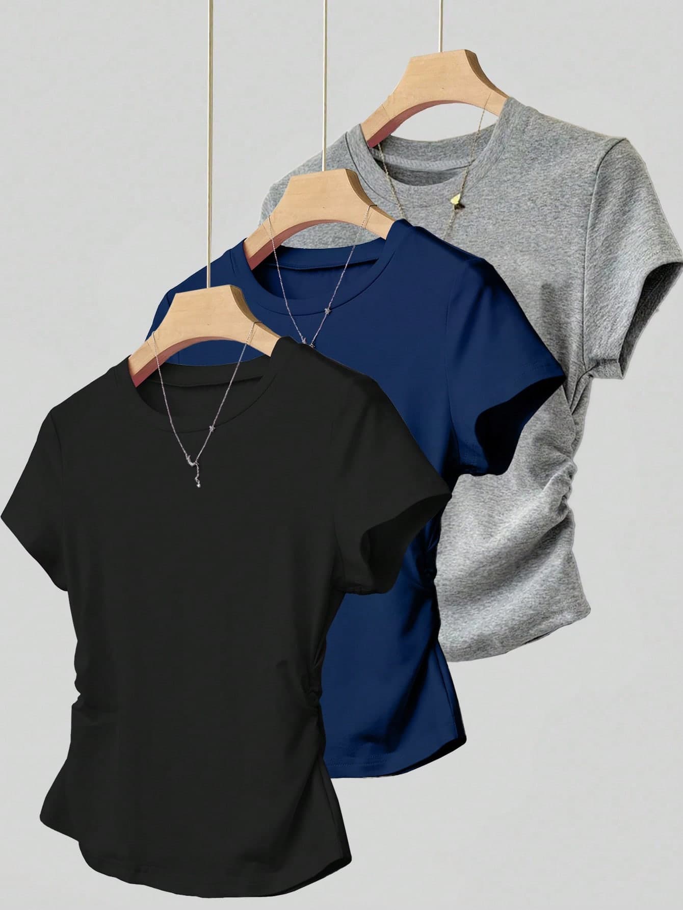 INAWLY 3pcs Women Casual Versatile Fitted Ruched Short Sleeve T-Shirt Set, Suitable For Summer