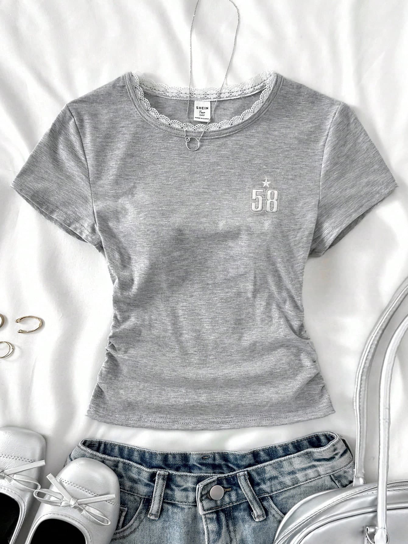 Teen Girl White Knitted Round Neck Pullover Embroidered Side Waist Gathered Short-Sleeved T-Shirt,Summer,Streetwear,Holiday,Back-To-School