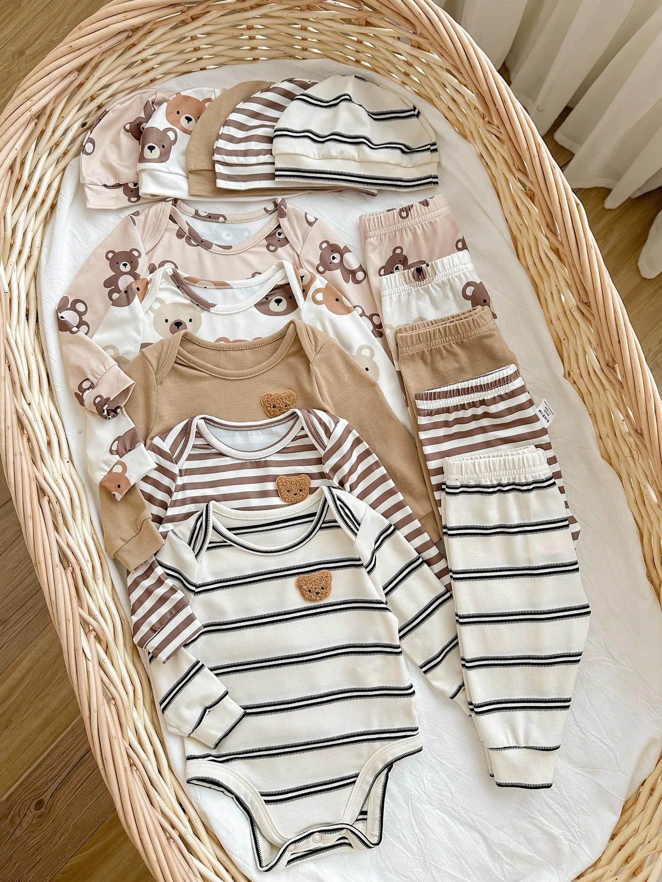 Newborn Baby 15pcs Cute Casual Versatile Knit Striped Cartoon Pattern Long Sleeve Jumpsuit & Long Pants Home Wear Set