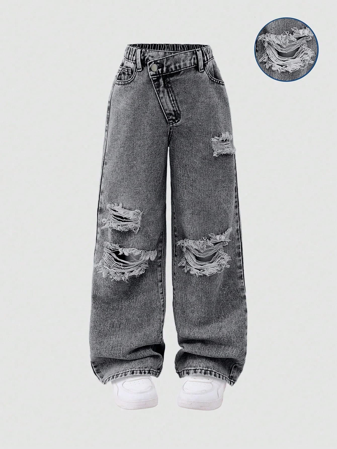 SHEIN Tween Girls' Y2K Distressed Jeans,Grey,Autumn,Grunge,School,Back-To-School,Casual Street Style Asymmetrical Waist Soft Comfortable Denim Pants,2025