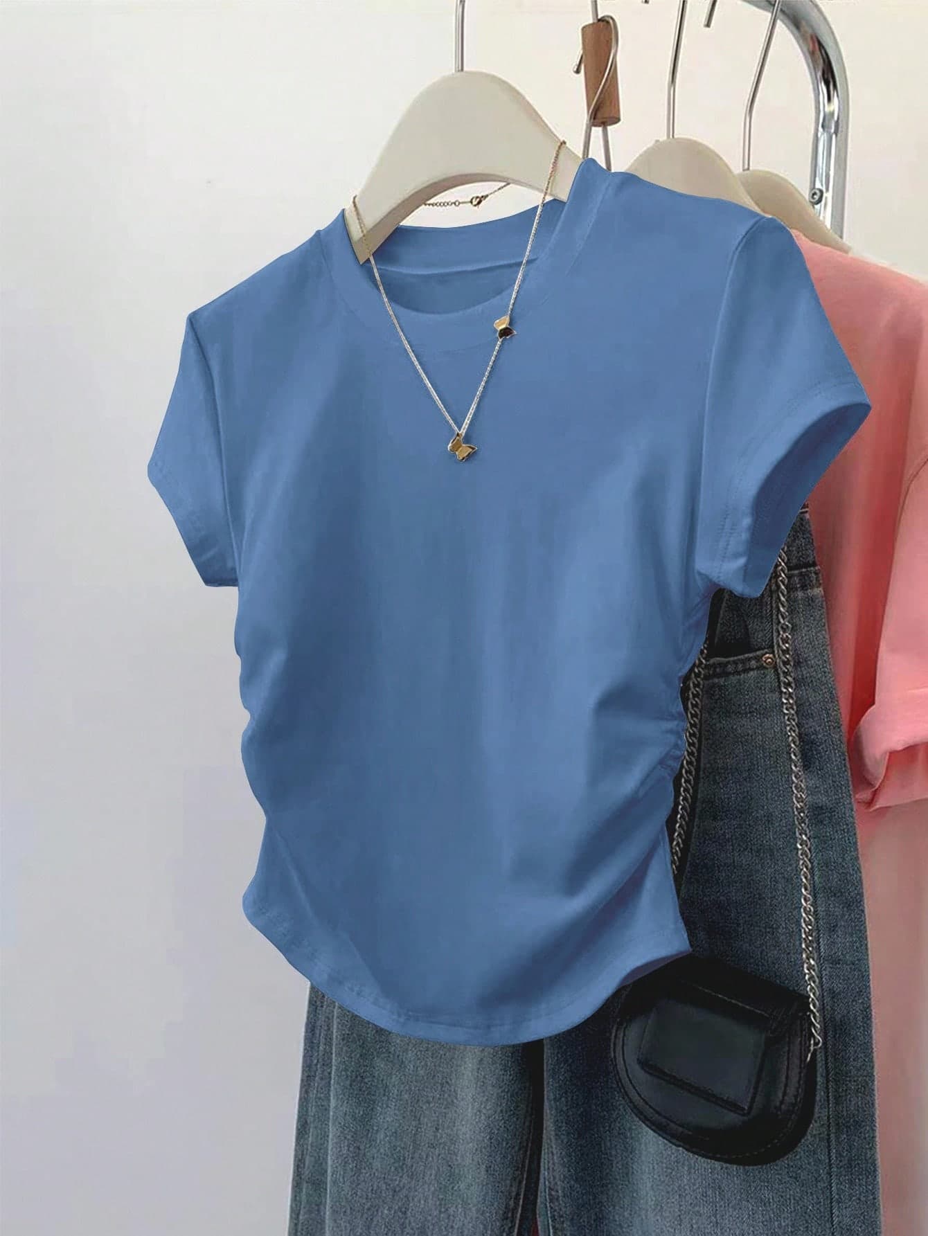 INAWLY Women's Ruched Shoulder Short Sleeve T-Shirt, Slim Fit, Fashionable & Versatile, Spring/Summer/Autumn New Arrival