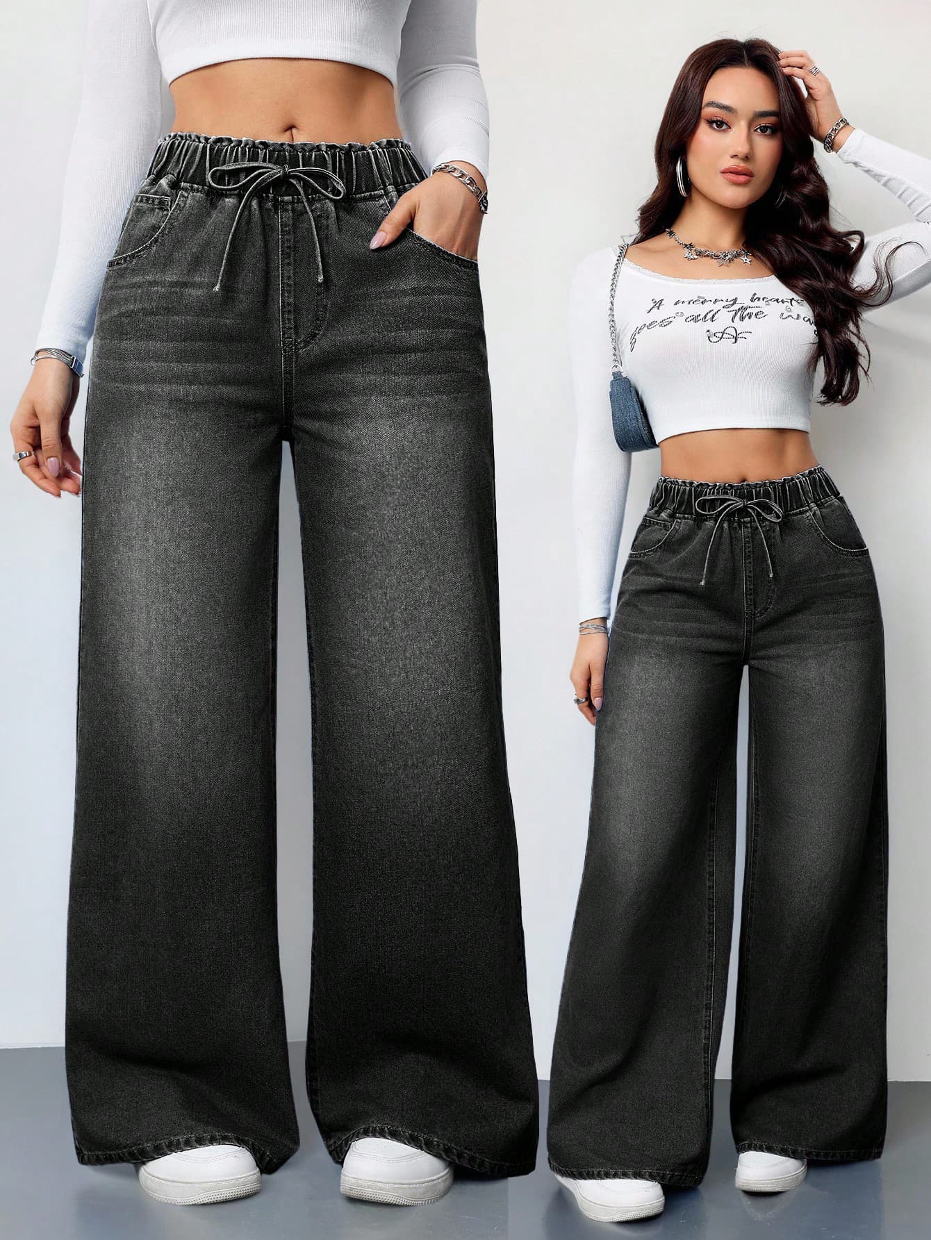 SHEIN Tall Women's Jeans Casual High Waist Wide Leg Trousers Blue Baggy Y2k With Drawstring Waisted Women Waist,Black, Tall Women