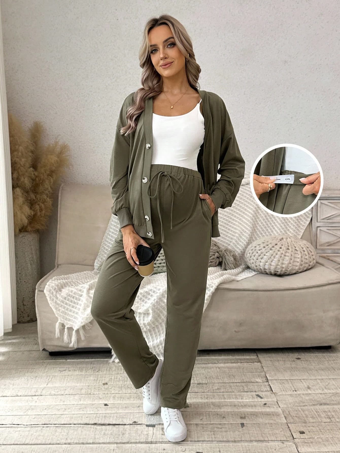 SHEIN Maternity Casual Knit Cardigan Jacket And Drawstring Pants Set