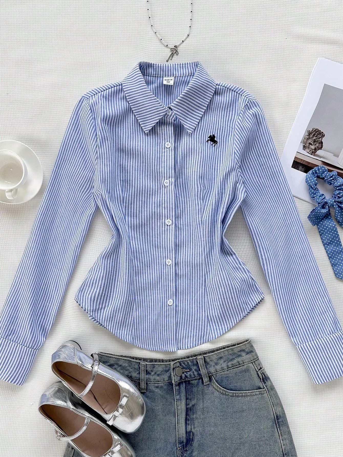 Teen Girls Blue&White Striped Button-Up Embroidered Long Sleeve Blouse,Preppy,Casual,Back To School/Halloween,Glowmode,Fall,Winter,Autumn