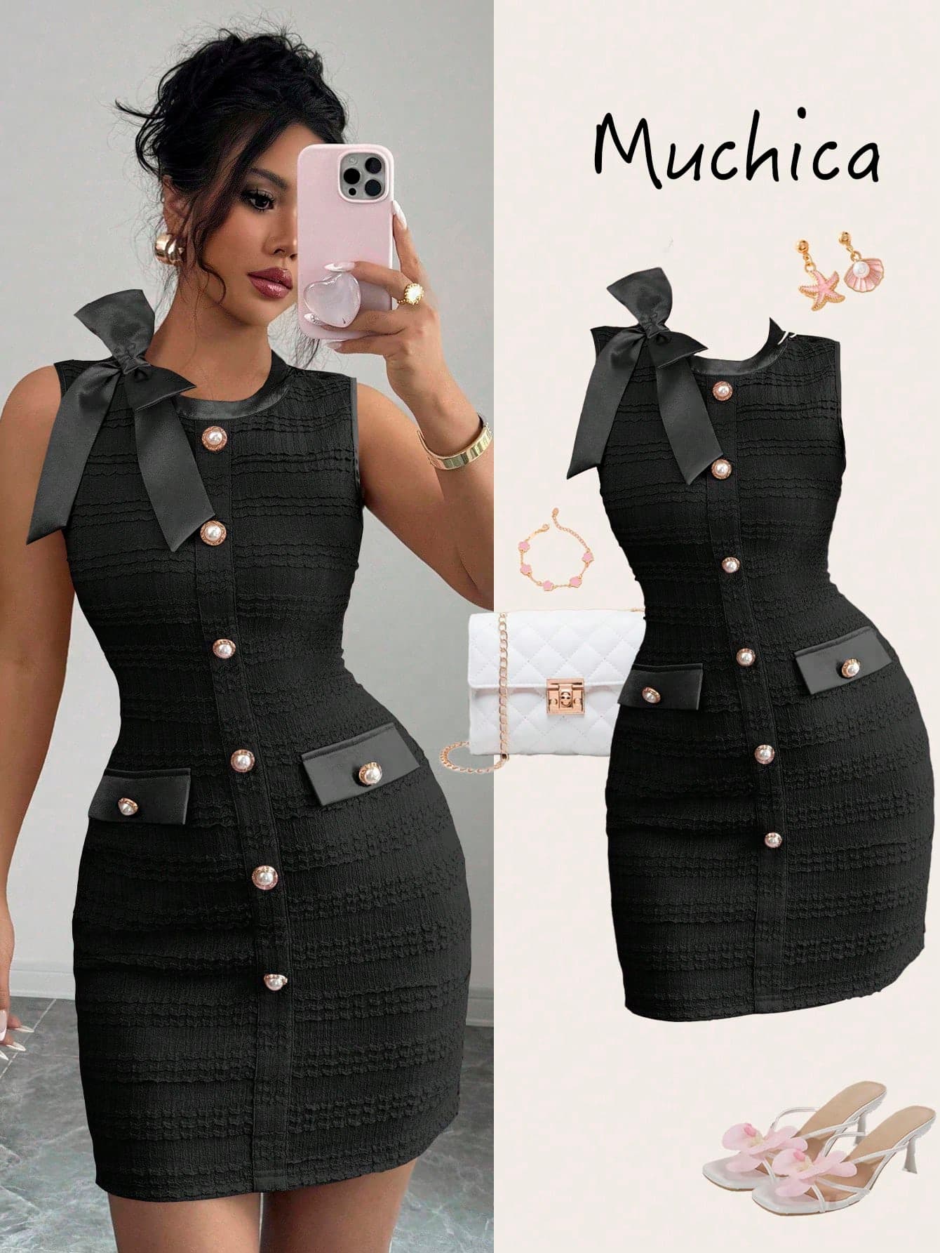 Elenzga Sleeveless Spring/Summer/Early Autumn Bow Knit Textured Metal Pearl Button French Elegant Satin Stretch Bodycon Mini Dress