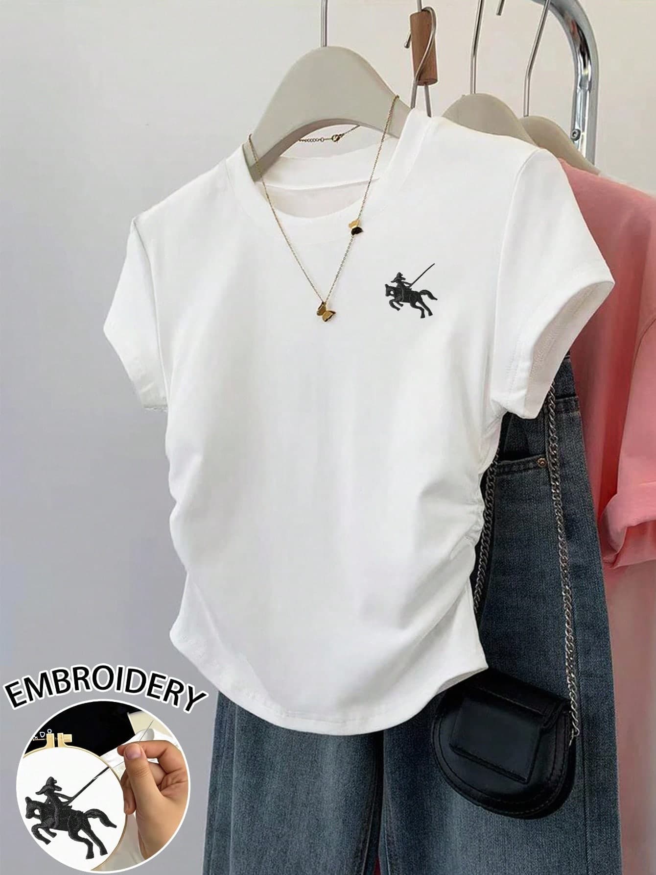 INAWLY Women's Casual Versatile Pleated Waist Fitted Cowgirl Embroidered Short Sleeve T-Shirt, Suitable For Summer