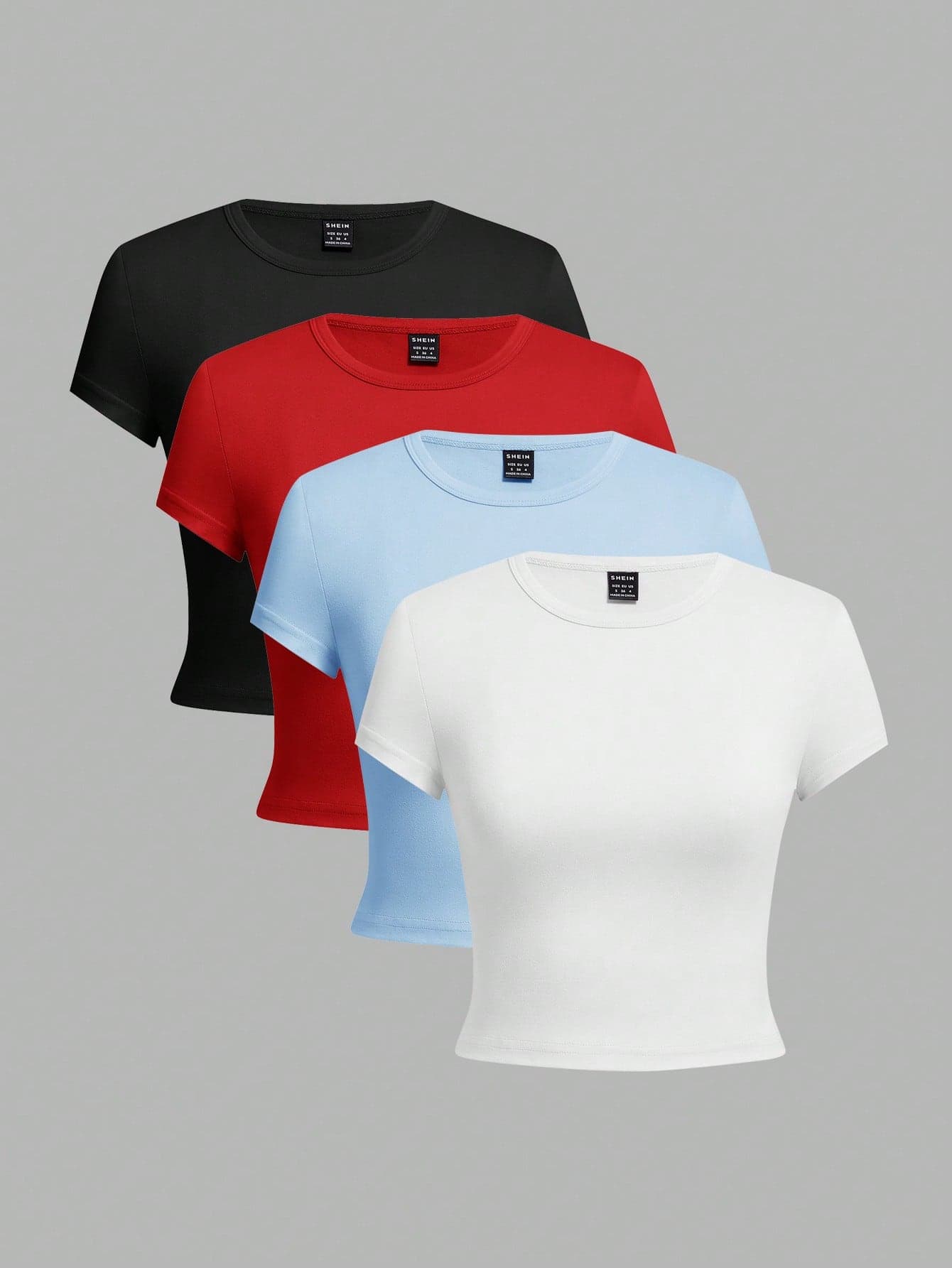 SHEIN EZwear 4pcs Pack Round Neck Short Sleeve Fitted Women T-Shirts For Summer Suitable For Going Out