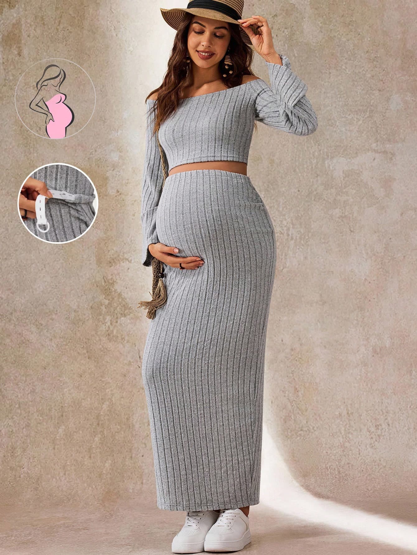 SHEIN Autumn And Winter 2pcs Maternity Solid Color Off Shoulder Long Sleeve Ribbed T-Shirt And Adjustable Waistline Midi Skirt Casual Outfit