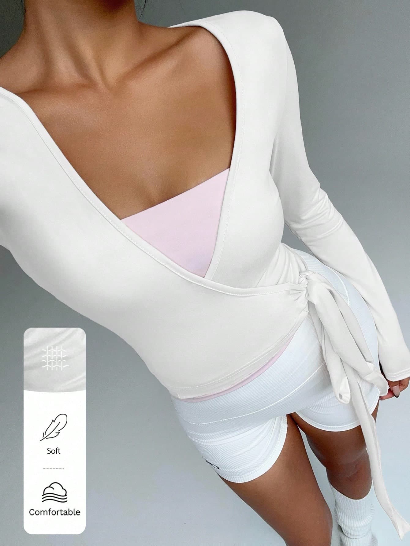 Flirla White And Pink Summer Chic Workout Women's Soft High Elasticity Yoga Fitness Sports Wrap V-Neck Long Sleeve Crop Top,Fashion Casual Elegant Cloth