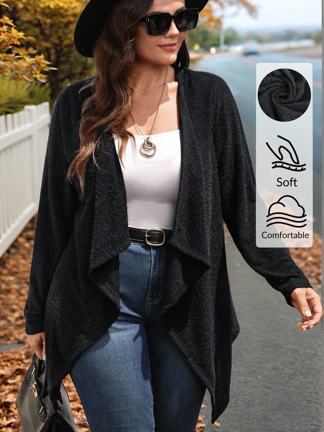 EMERY ROSE Plus Size Women's Solid Color Long Sleeve Open Front Casual Loose Coat,Soft Drape Duster Cardigan For Stylish Everyday Wear,Black,Winter,Casual,Hiking