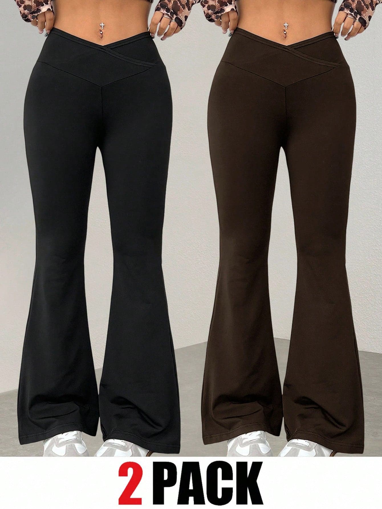 SHEIN EZwear Black & Chocolate Brown Plus Size Flare Pants Flare Leg Pants Bell Bottom Pants Flared Leggings Flow Pants