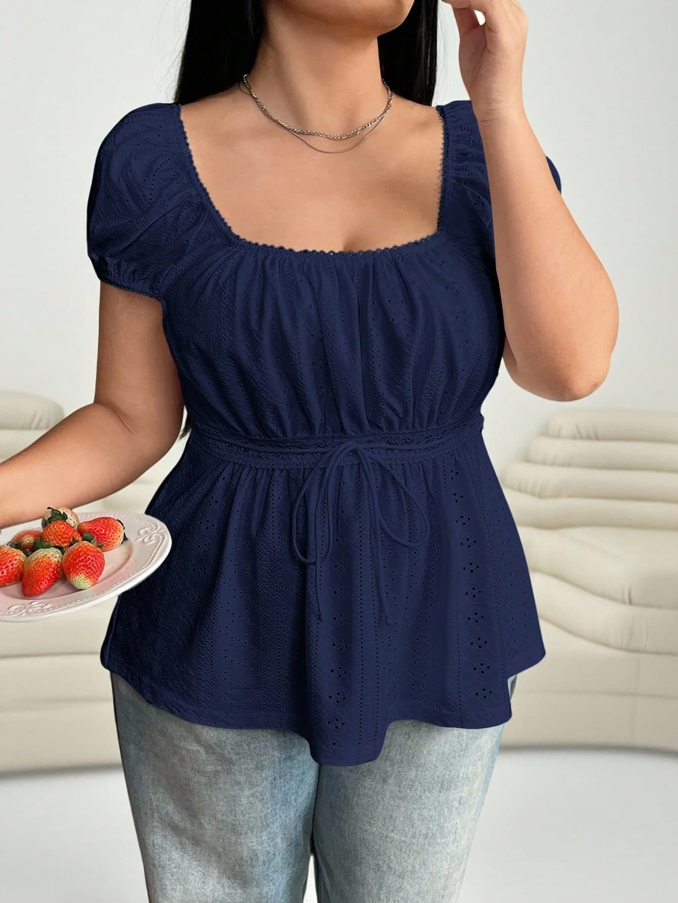 Solflare Plus Size Navy Blue Hollow Out Semi-Sheer T-Shirt, Summer,Back To School , Square Neck Top