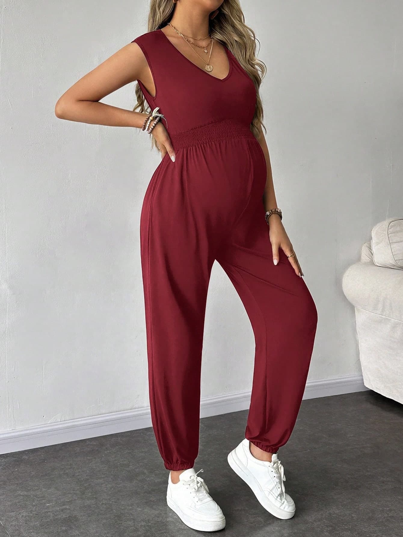 SHEIN Maternity Solid V-Neck Sleeveless Drawstring Jumpsuit For Pregnant Women,Burgundy Autumn Smart Casual Vacation Rompers Pants,Casual Maternity Wear