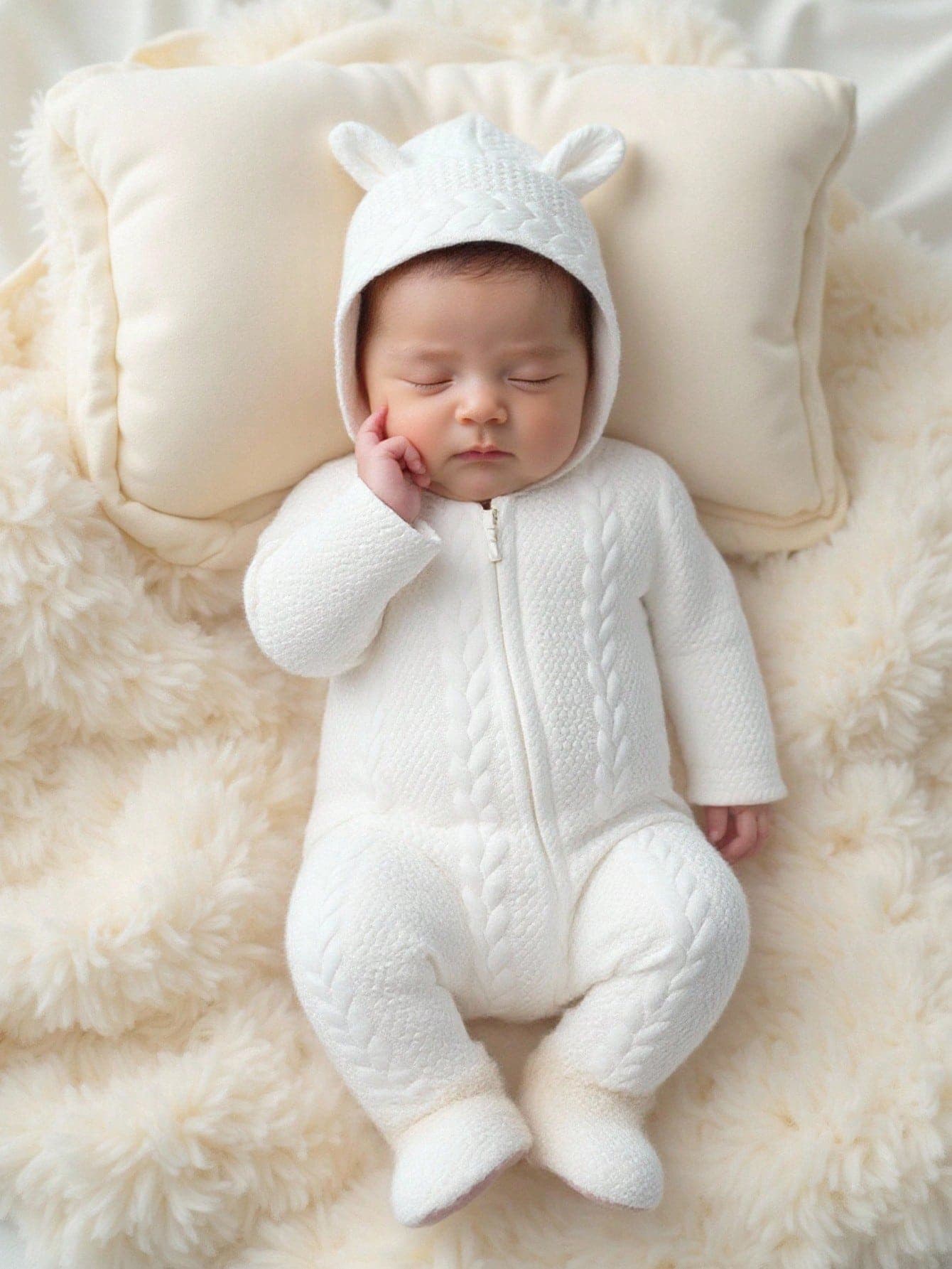 SHEIN Baby Hooded Jumpsuit Newborn Knit Sweater Zipper Outfit For Unisex Boy Soft Adorable All White Winter Cute Family Matching Home Spring/Autumn Clothing