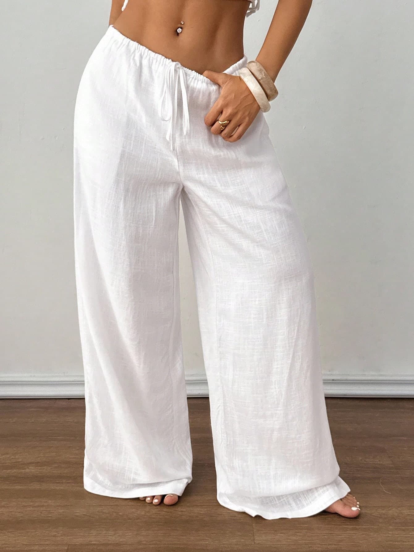 SHEIN PETITE White Summer Boho Vacation Holiday Linen Pants Women,Low-Waist Loose Wide Leg Trousers,Petite Casual Elegant Chic Beach Bottoms,Old Money Style