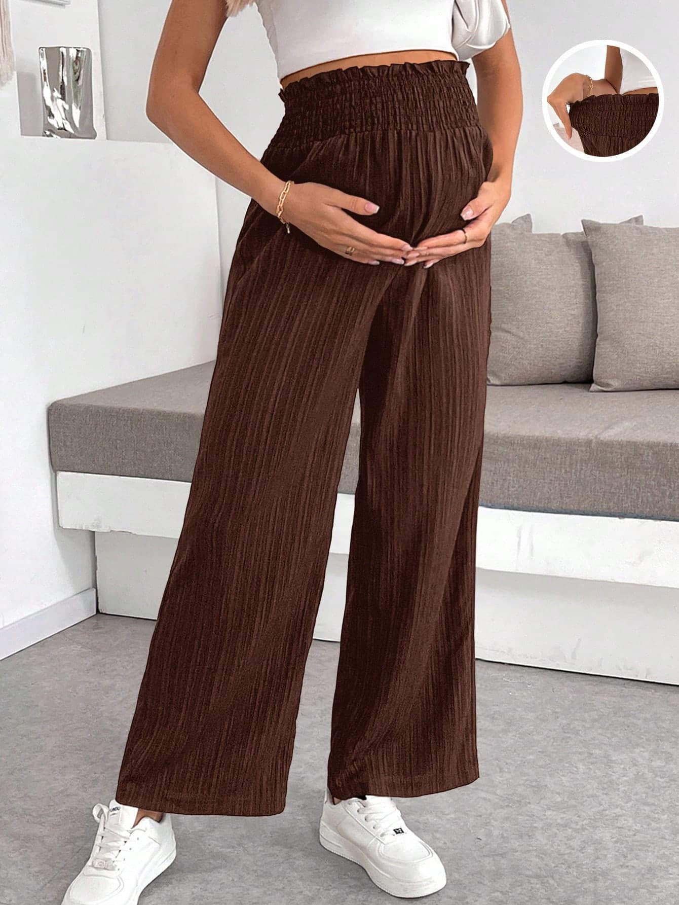 SHEIN Maternity Casual Solid Color Elastic Waist Pants, Autumn Brown Pleated Wide Leg Pregnancy Fall